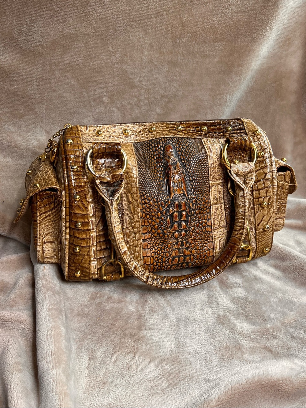 VINTAGE Brown Textured Crocodile Print Chunky Handbag with Gold Chains